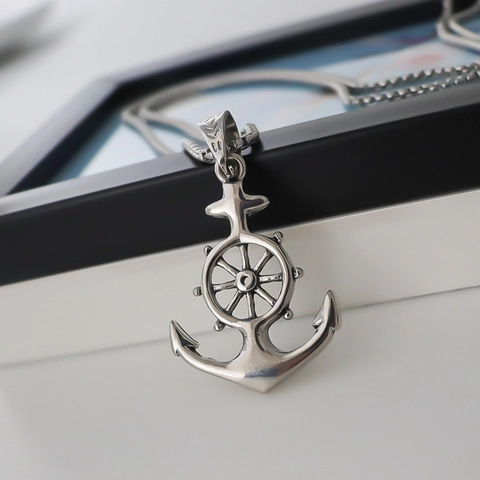 Unisex Halskette Mit Anker Und Steuerrad Anhänger Silber Legierung Retro Hip Hop Schmuck Für Den Alltag Modeaccessoire