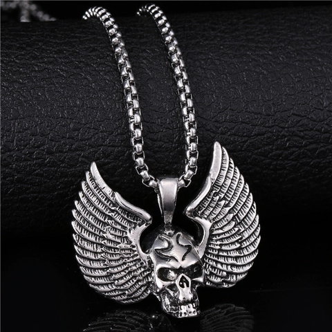 Collana con Pendente a Forma di Teschio e Ali Vintage Punk Lega Galvanica Gioielli Gothic Rock Hip Hop per Uomo Donna Accessorio Festa