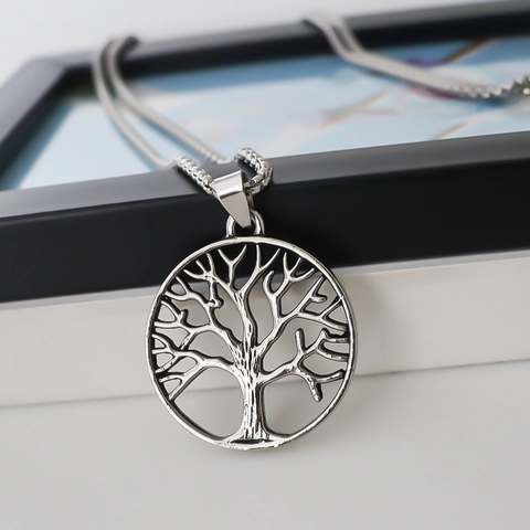 Unisex Hollow Round Tree Of Life Pendant Necklace Silver Color Alloy Curb Chain Street Style Casual Jewelry Gift Accessory