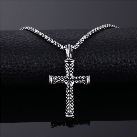 Vintage Legierung Gestreifte Kreuz Anhänger Halskette Für Herren Damen Gothik Retro Religiöser Schmuck Silberfarbene Kette