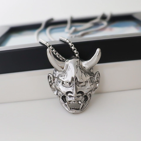 Collar de Colgante de Máscara de Hannya Gótica Máscara de Demonio Retro de Aleación Punk Hip Hop Joyería Regalo Halloween