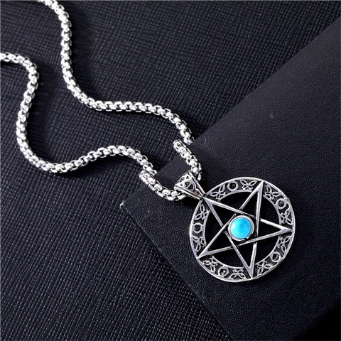 Collana con Pendente a Stella Pentacolo Vintage Tonda Traforata in Lega Turchese Gioielli Gothic Uomo Donna Punk Streetwear