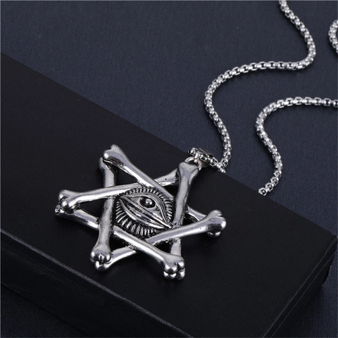 Collar con Colgante Vintage Gótico Punk Hexagrama Hueso Ojo que Todo lo Ve Para Hombres Mujeres Cadena de Eslabones Aleación Joyería Hip Hop