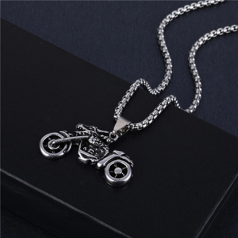 Punk Retro Alloy Motorcycle Pendant Necklace For Men Women Unisex Hip Hop Jewelry Silver Color Box Chain Necklace