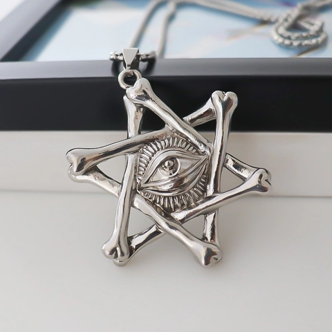 Collar con Colgante Vintage Gótico Punk Hexagrama Hueso Ojo que Todo lo Ve Para Hombres Mujeres Cadena de Eslabones Aleación Joyería Hip Hop