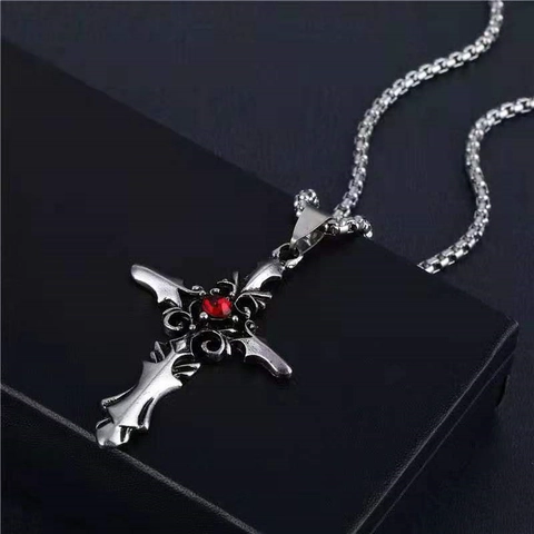 Vintage Gotisch Legering Kruis Hanger Halsketting Met Rood Strass Verguld Schakelketting Voor Mannen Vrouwen Sieraden