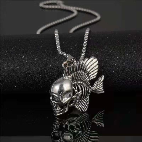 Vintage Gothic Skull Fishbone Pendant Necklace For Men Women Punk Rock Alloy Silver Skeleton Long Chain Fashion Jewelry