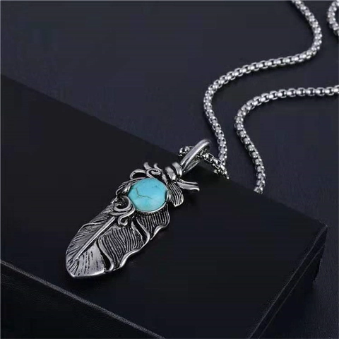 Collana con Ciondolo a Piuma in Stile Indiano Vintage in Lega con Turchese Artificiale Catena Box Argento Retro per Uomo Donna