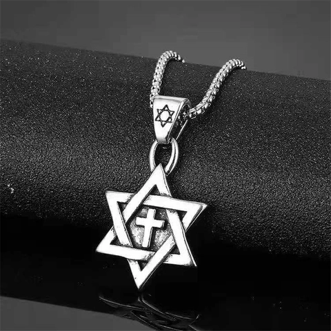 Collana con Ciondolo a Esagramma Stella di David e Croce in Lega Argento Retrò per Uomo Donna Catena Veneziana Gioielli