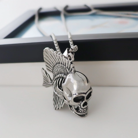 Vintage Gothic Skull Fishbone Pendant Necklace For Men Women Punk Rock Alloy Silver Skeleton Long Chain Fashion Jewelry