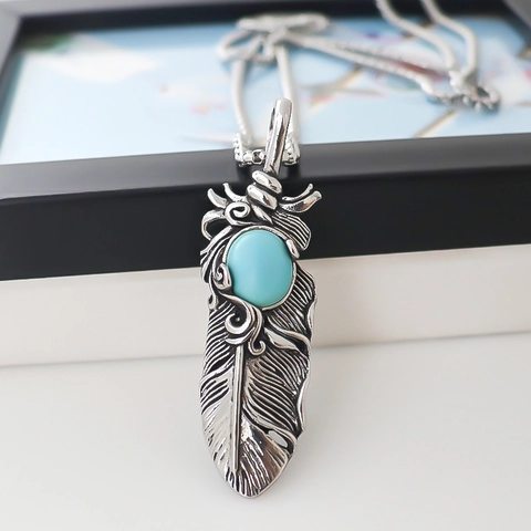 Collana con Ciondolo a Piuma in Stile Indiano Vintage in Lega con Turchese Artificiale Catena Box Argento Retro per Uomo Donna