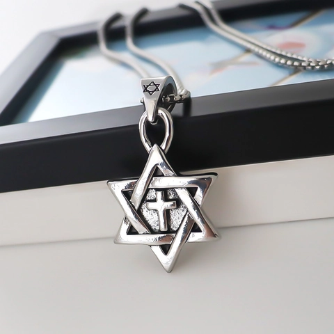 Collana con Ciondolo a Esagramma Stella di David e Croce in Lega Argento Retrò per Uomo Donna Catena Veneziana Gioielli