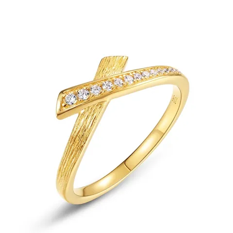 S925 Sterling Silver Ribbon Bow Criss Cross Ring For Women Gold Plated Brushed Finish Zirconia Inlaid Minimalist Fashion Jewelry Finger Ring
