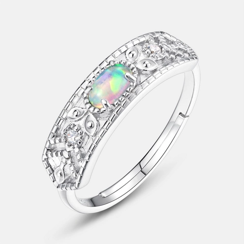 Vintage 925 Sterling Zilveren Verstelbare Ring Voor Dames Synthetische Opaal Ovale Steen Strass Opengewerkt Sieraden Ring