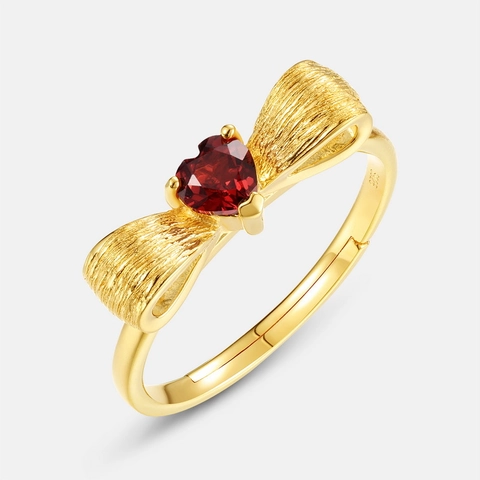 Anillo de Lazo de Plata de Ley 925 para Mujer Granate Rojo Corazón Incrustado Cepillado Chapado en Oro Anillo Abierto