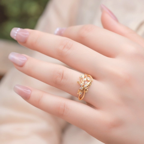 925 Sterlingsilber Blatt Rebe Verstellbarer Offener Ring Für Damen Aushöhlung Strass Vergoldet Mode Fingerschmuck