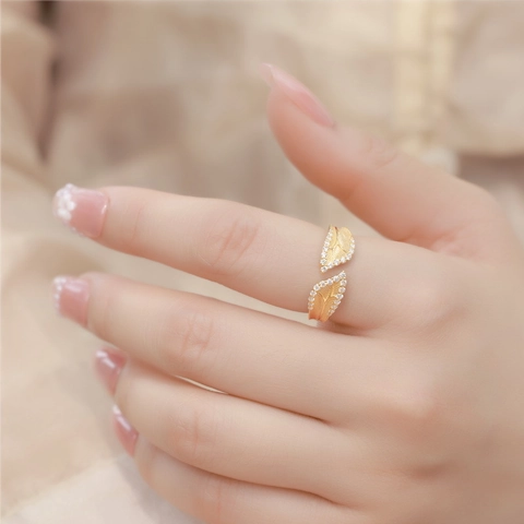 Vintage S925 Sterling Silver Brushed Leaf Open Ring Gold Plated Zirconia Inlaid Adjustable Finger Ring For Women Jewelry