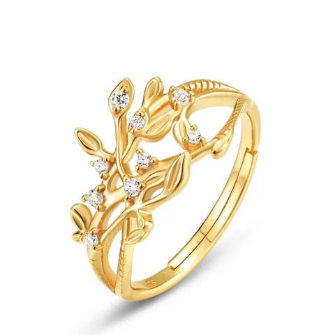 925 Sterlingsilber Blatt Rebe Verstellbarer Offener Ring Für Damen Aushöhlung Strass Vergoldet Mode Fingerschmuck