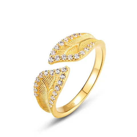 Vintage S925 Sterling Silver Brushed Leaf Open Ring Gold Plated Zirconia Inlaid Adjustable Finger Ring For Women Jewelry