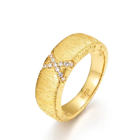 Vintage Italiaanse Stijl S925 Sterling Zilver Verguld Geborstelde Ring Voor Vrouwen X-Vorm Ingelegd Met Zirconia