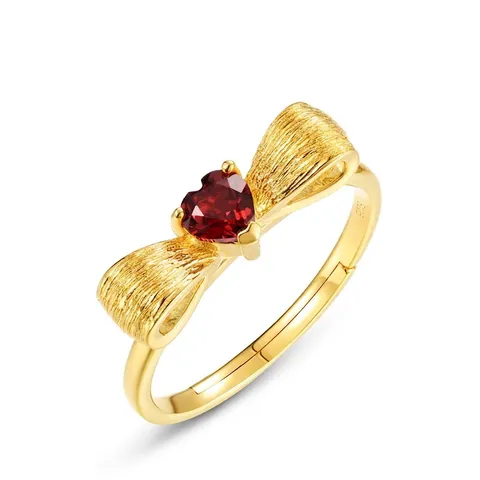 Anillo de Lazo de Plata de Ley 925 para Mujer Granate Rojo Corazón Incrustado Cepillado Chapado en Oro Anillo Abierto