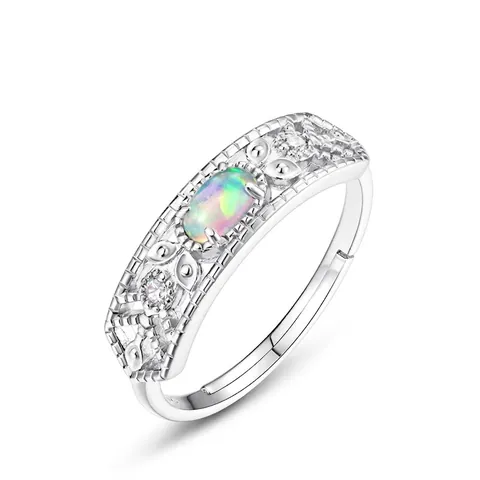 Vintage 925 Sterling Zilveren Verstelbare Ring Voor Dames Synthetische Opaal Ovale Steen Strass Opengewerkt Sieraden Ring