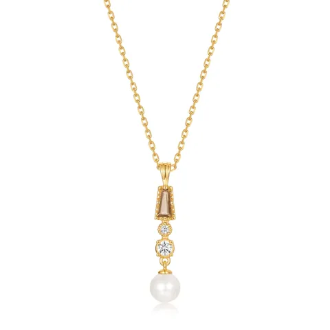 Elegante Collar de Pendiente de Plata de Ley 925 Cuarzo Ahumado Natural Perla de Agua Dulce Joyería Geométrica de Strass para Mujer