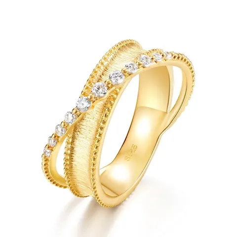 925 Sterling Silver Crisscross Ring Gold Plated Brushed Texture Multilayer Band Pave Zirconia Fashion Jewelry For Women