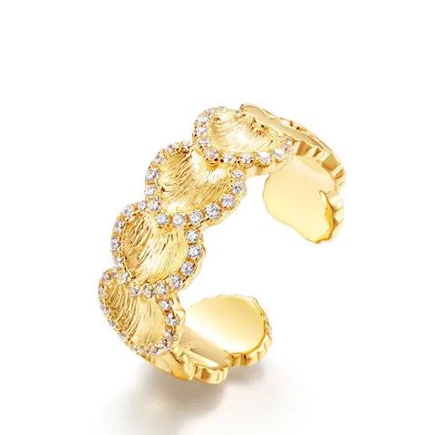 925 Sterling Silver Ginkgo Leaf Open Ring For Women Gold Plated Brushed Texture Rhinestone Adjustable Retro Fashion Jewelry