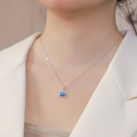 925 Sterlingsilber Rechteck Synthetischer Blauer Opal Anhänger Halskette Für Damen Vintage Geometrische Strass Schlüsselbein Kette Schmuck