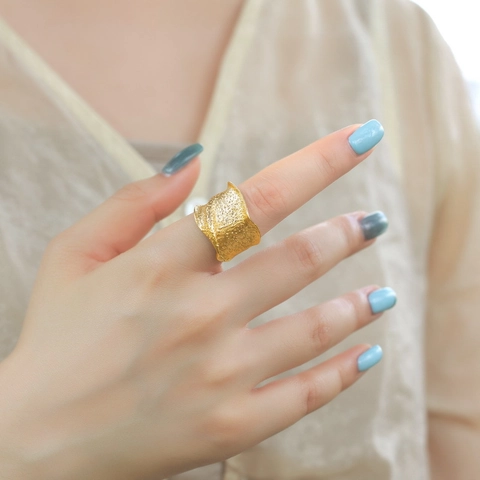 S925 Sterling Silver Irregular Wave Band Ring For Women Champagne Gold Plated Handmade Textured Zirconia Geometric Finger Ring