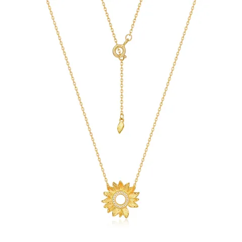 925 Sterling Silver Sunflower Pendant Necklace For Women 10K Gold Plated Brushed Metal Zirconia Flower Jewelry Commuter Gift