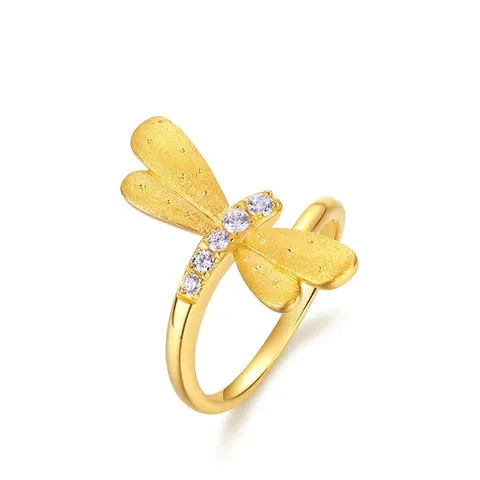 Creative Dragonfly 925 Sterling Silver Ring Gold Plated Brushed Texture Zirconia Inlaid Luxury Adjustable Finger Ring For Women