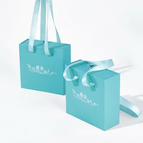 Elegant Tiffany Blue Drawer Jewelry Box With Ribbon Handle Portable Gift Packaging Box For Ring Necklace Earring Storage Valentine Day Gift