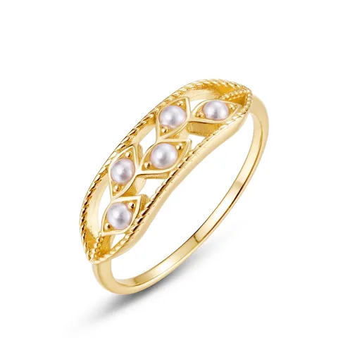 Vintage 925 Sterling Silver Gold Plated Hollow Leaf Ring For Women Light Luxury Artificial Pearl Flower Finger Ring Jewelry Gift