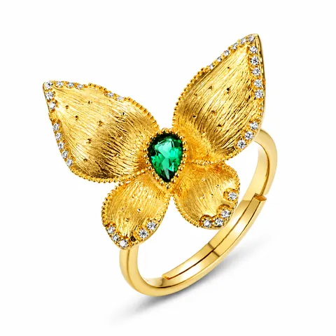 Bague Papillon en Argent Sterling 925 Avec Émeraude de Laboratoire en Poire Texture Brossée Bague Ouverte Ajustable