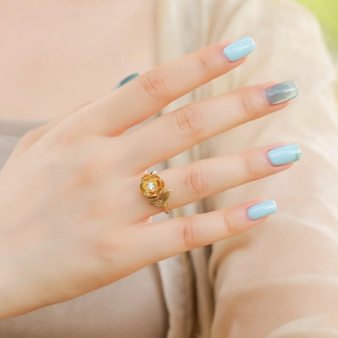 925 Sterling Silver Camellia Ring For Women Brushed Texture Zirconia Inlaid Gold Plated Vintage Floral Open Adjusted Ring