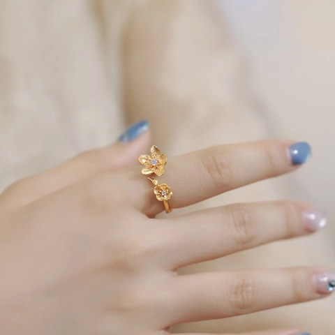 French Vintage S925 Sterling Silver Double Flower Open Ring For Women Brushed Gold Zirconia Adjustable Fashion Finger Ring