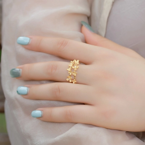 Vintage 925 Sterling Silver Handcrafted Brushed Flower Ring Women 10K Gold Plated Botanical Zirconia Adjustable Open Ring