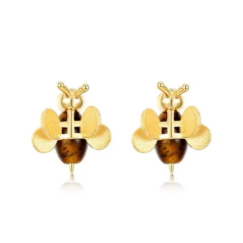 Honey Bee 925 Sterling Silver Stud Earrings With Natural Tiger Eye Stone Handmade Brushed Textured Animal Insect Jewelry