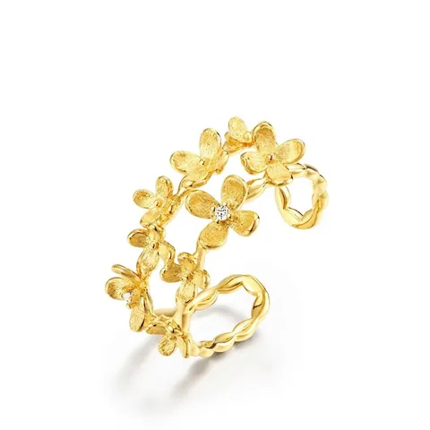 Vintage 925 Sterling Silver Handcrafted Brushed Flower Ring Women 10K Gold Plated Botanical Zirconia Adjustable Open Ring
