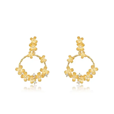 Vintage 925 Sterling Silver Flower Earrings Ring Set Handmade Brushed Gold Plated Osmanthus Zirconia Inlaid Fine Jewelry For Women