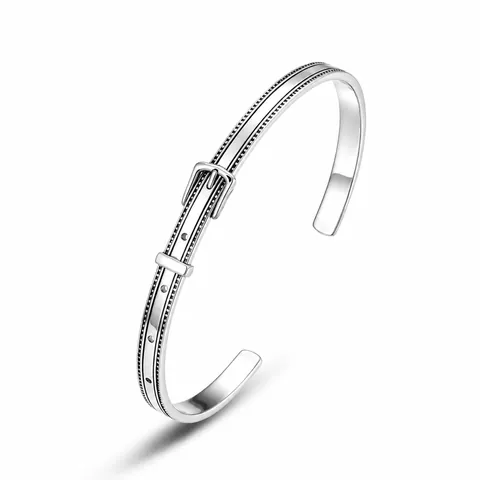 Brazalete de Puño con Hebilla de Cinturón de Plata de Ley S925 Vintage y Anillo Abierto Envejecido para Mujer Joyería Fina