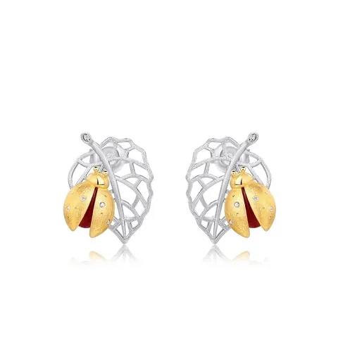 Boucles d'Oreilles Clous Coccinelle Feuille en Argent Sterling S925 Avec Agate Rouge du Sud Strass Bijoux Faits Main pour Femmes