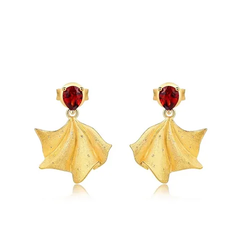 925 Sterling Silver Garnet Earrings French Vintage Gold Plated Ginkgo Leaf Fan Studs Matte Brushed Red Gemstone Jewelry For Women