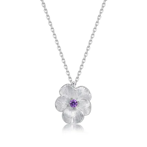 Vintage 925 Sterling Silver Purple Zirconia Flower Pendant Necklace Handmade Brushed Floral Charm Necklace For Women Jewelry