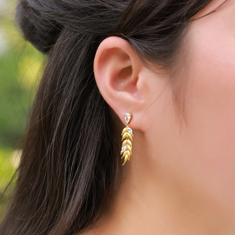 925 Sterling Silver Wheat Ear Drop Earrings Gold Plated Brushed Texture Zirconia Inlaid Long Tassel Dangle Earrings For Women