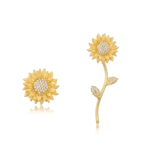 Handmade Brushed Sunflower 925 Sterling Silver Earrings Gold Plated Asymmetric Zirconia Flower Stud Jewelry For Women
