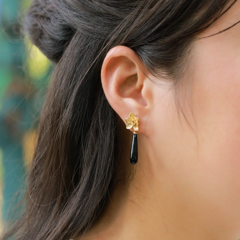 Nuovi Orecchini Pendenti a Fiore in Argento Sterling 925 Onice Nera Naturale a Goccia Metallo Spazzolato Oro Donna Gioielli