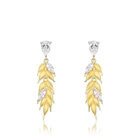 925 Sterling Silver Wheat Ear Drop Earrings Gold Plated Brushed Texture Zirconia Inlaid Long Tassel Dangle Earrings For Women